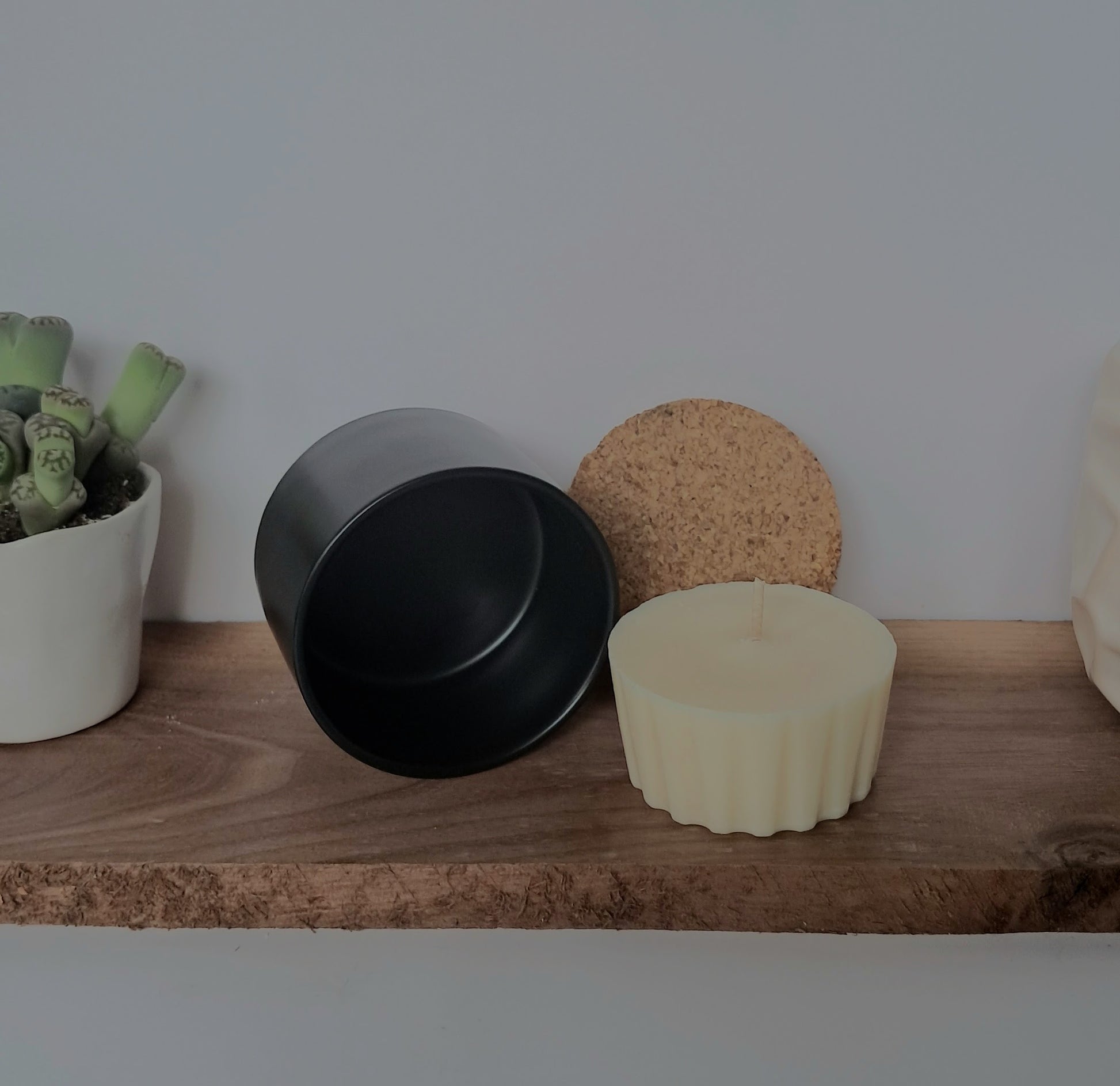 4 oz soy and coconut candle refill with black ceramic candle jar and cork lid