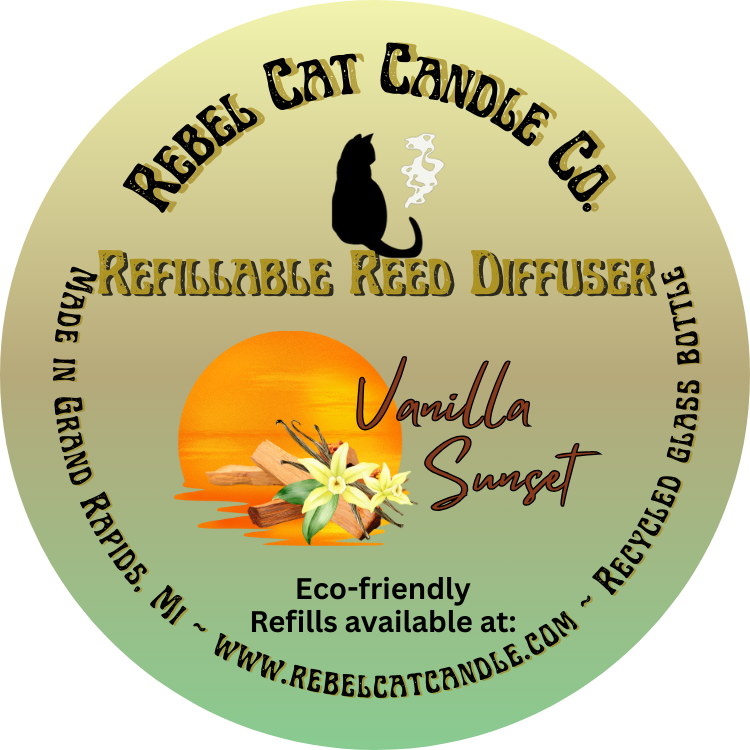 Rebel Cat Candle Co. refillable reed diffuser label with vanilla sunset design