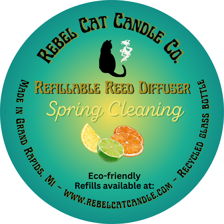 Rebel Cat Candle Co. refillable reed diffuser label for 'Spring Cleaning' with lemon, lime, and orange slices.