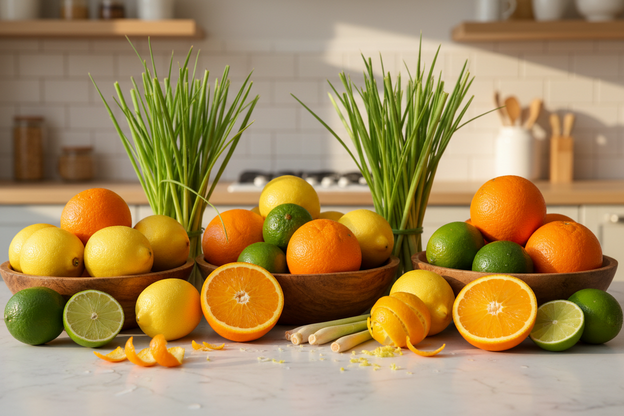assorted citrus fruits and lemongrass stalks