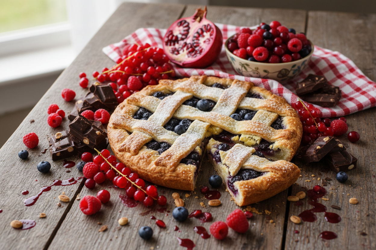 blueberry pie and variety of fruits on a table