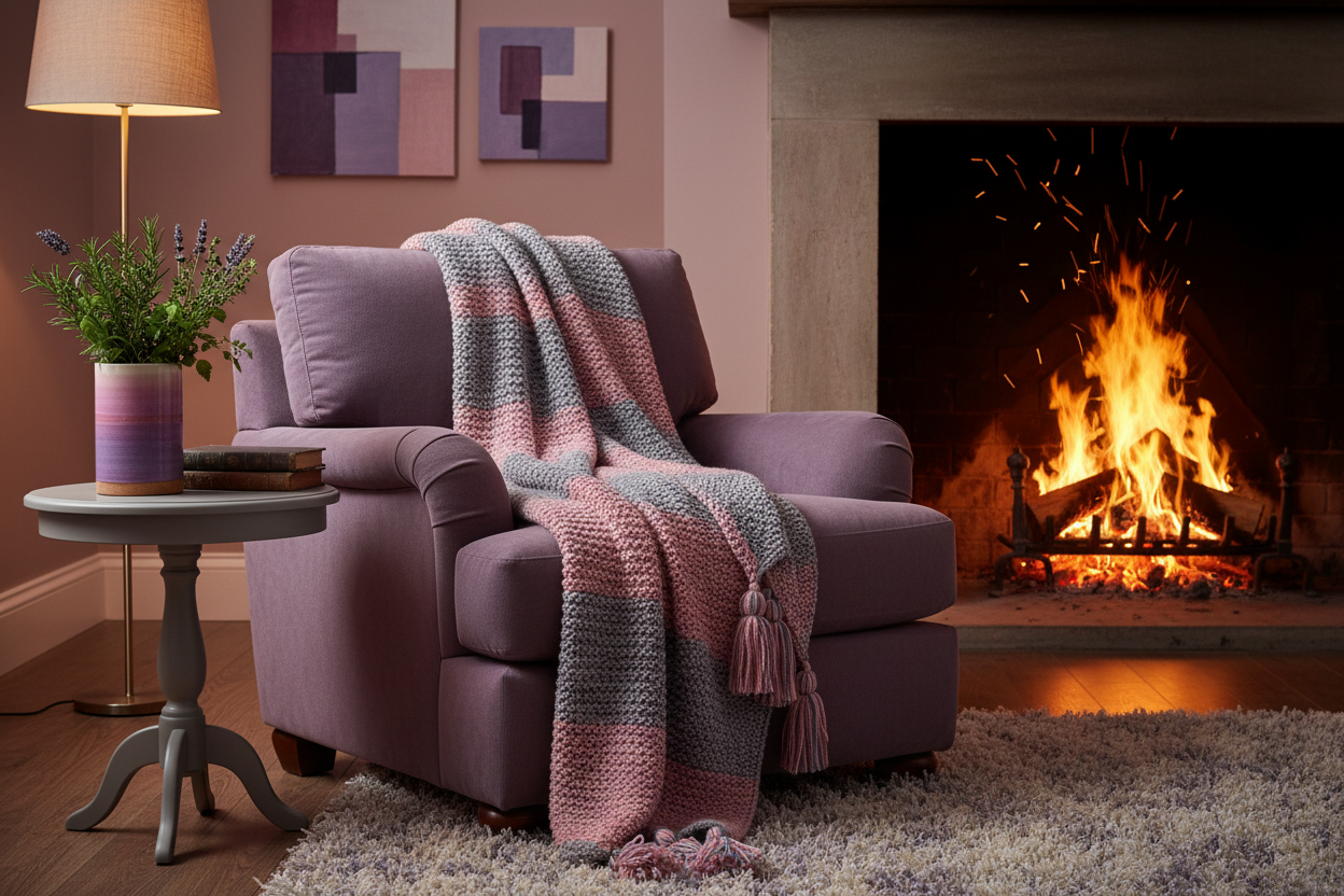 easy chair next to a fire with cozy vibes