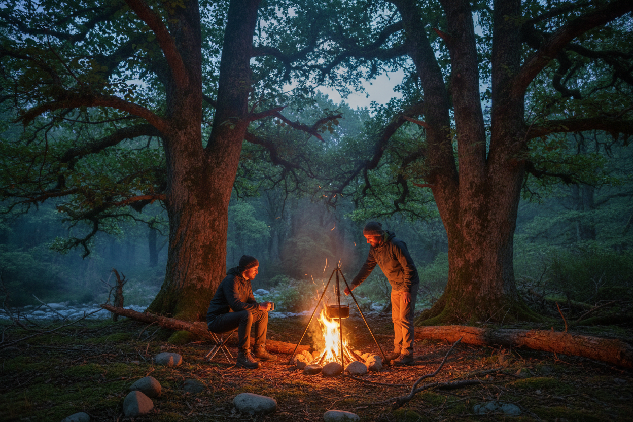 woods with campfire and 2 hikers