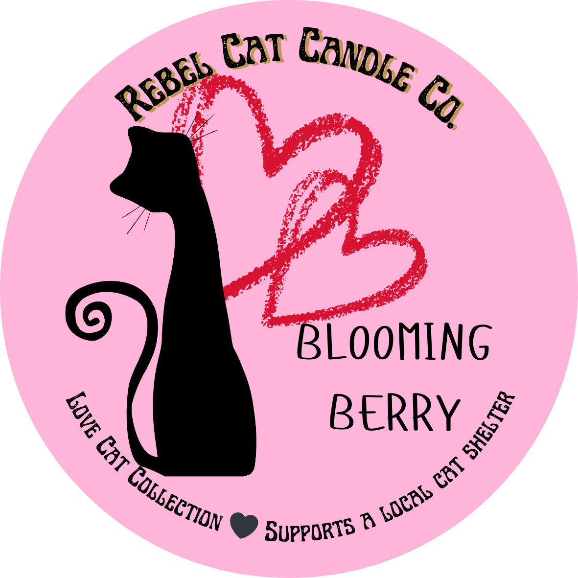 Pink label with black cat silhouette and 'Rebel Cat Candle Co.' text on a pink background