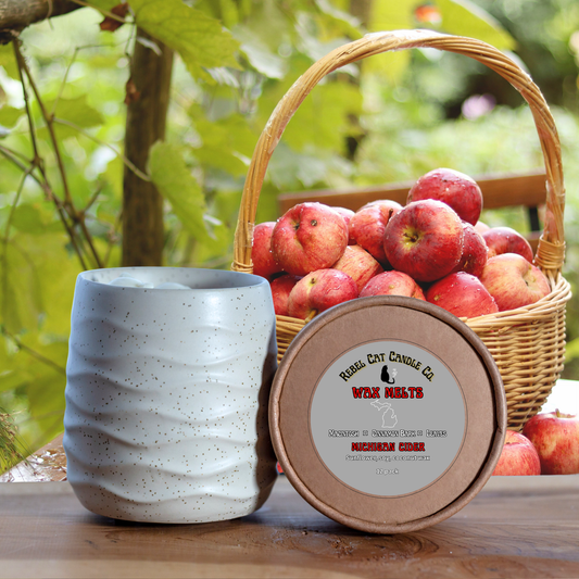 A ceramic candle jar with a wavy ribbed finish in a speckled light gray and white glaze sits next to its round wooden lid on a wooden table. The lid features a circular label for 'Rebel Cat Candle Co. with the words Michigan Cider and has a basket of apples in the background 
