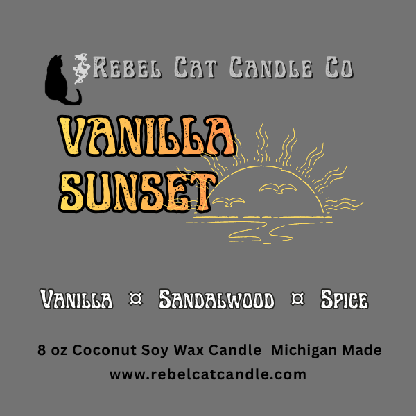 Vanilla Sunset product label by Rebel Cat Candle Co with a sunset graphic and the words Vanilla, Sandalwood, and spice
