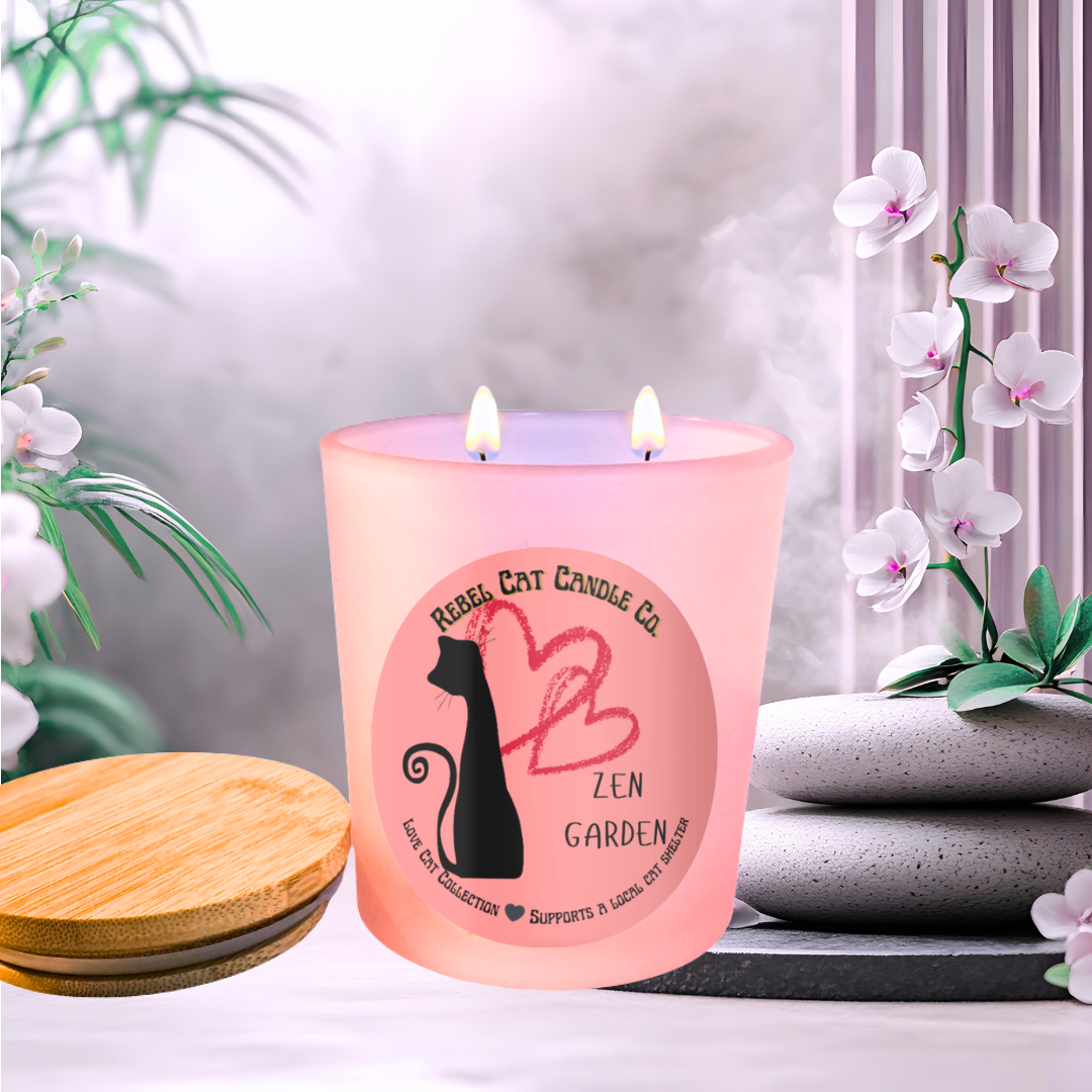 Pink candle with a cat design on a white surface with plants and stones in the background