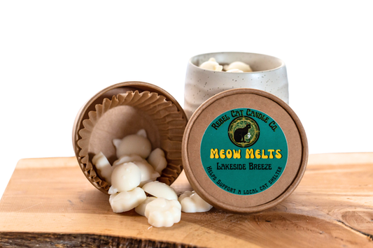 A jar of Rebel Cat Candles Co. Meow Melts on a wooden board, with one lid showing the teal and yellow label and another tipped over spilling off-white wax melts.